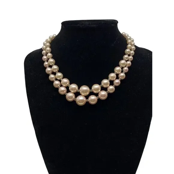 Heritage 50s Faux Pearl w/ Clear Divide Beads Necklace Double Strand 15" Grandma - Picture 1 of 5